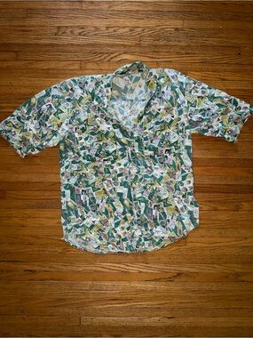 Vintage Zeppelin Casual Green Printed Short-Sleeve Button-Down Shirt